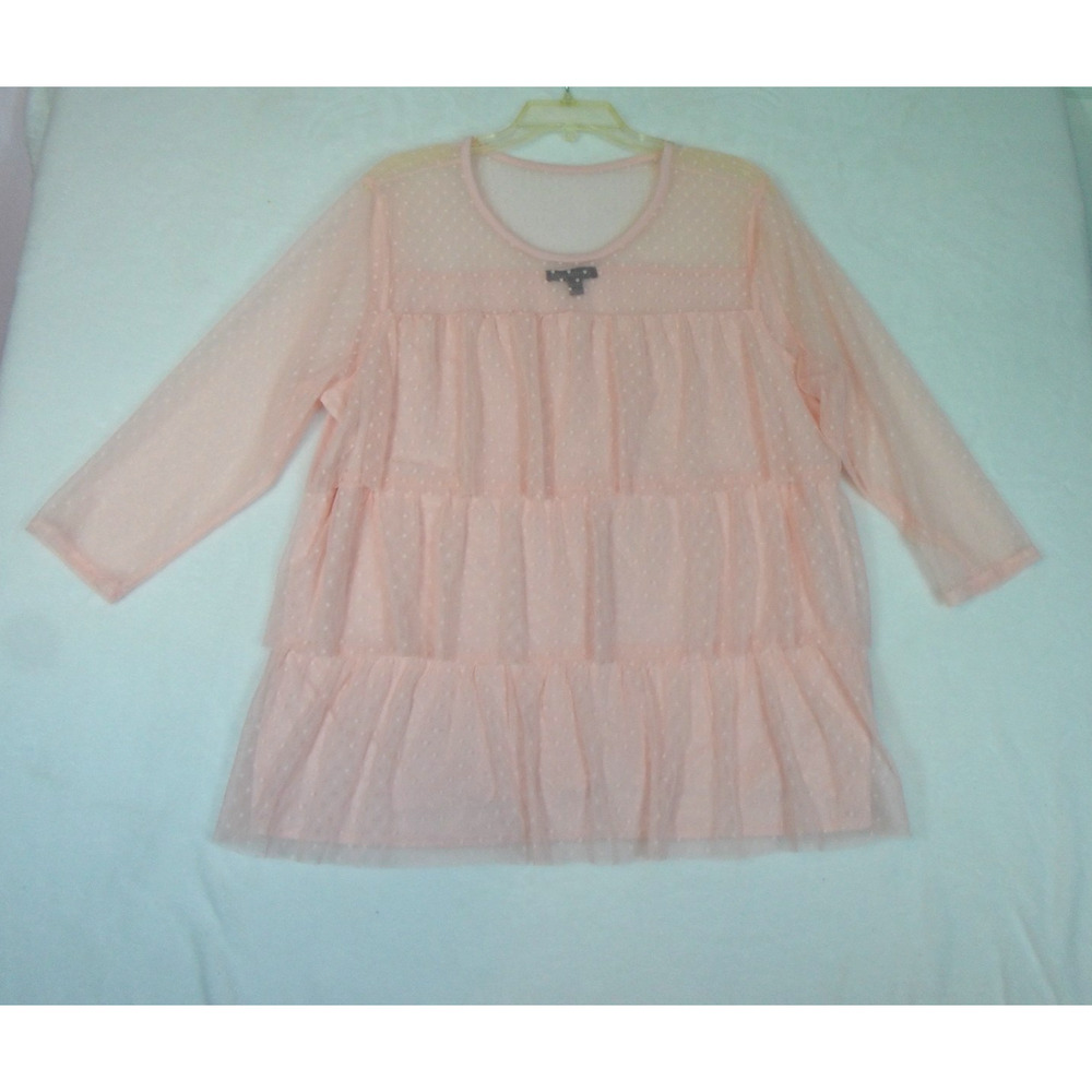 Lane Bryant Women's Size 1X 18/20‎ Pink Mesh Ruffle Layer Tiered Top Swiss Dots